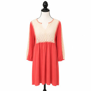 Umgee Mini Dress Womens Size Large Pink Split Neck Lace Peasant Cottagecore NWT